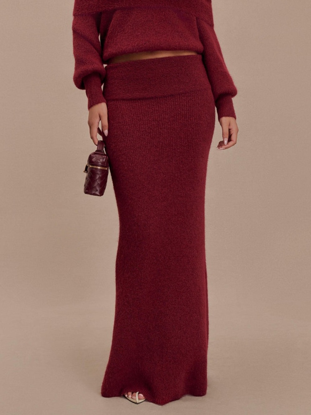 MESHKI (NWT) charlotte knit maxi skirt with overlay - Merlot red